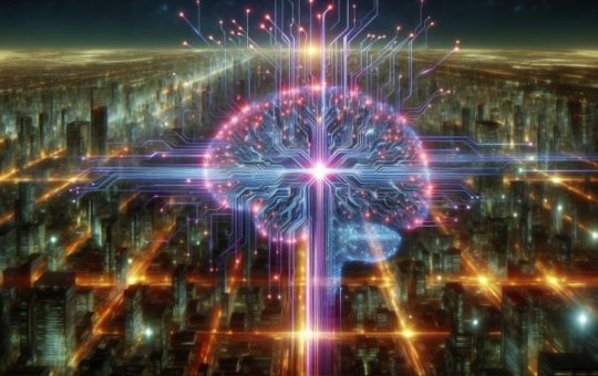 A glowing AI brain network decentralizing outwards into a futuristic cityscape, representing efforts to decentralize artificial intelligence systems